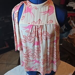 Maeve Pink and Cream Blouse with Bird Print
